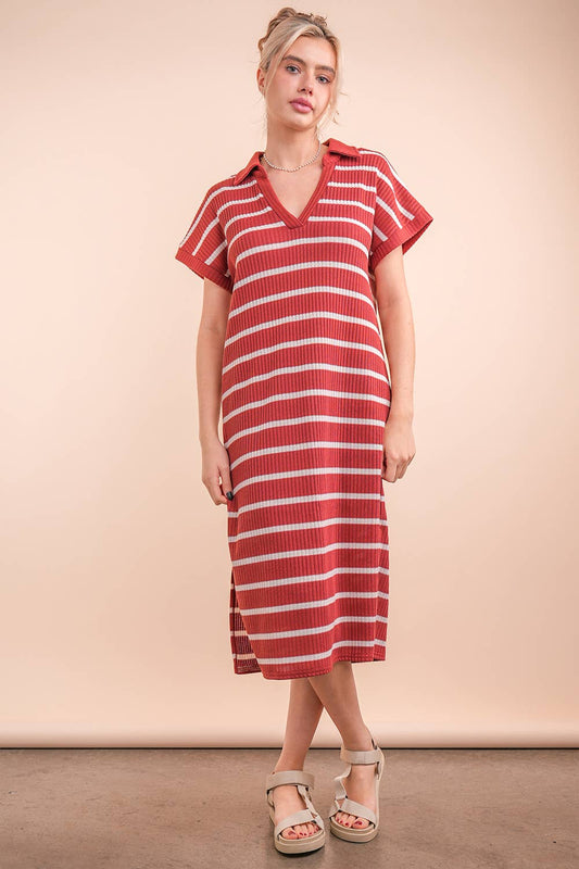Oversized Collared Striped Knit Midi Dress
