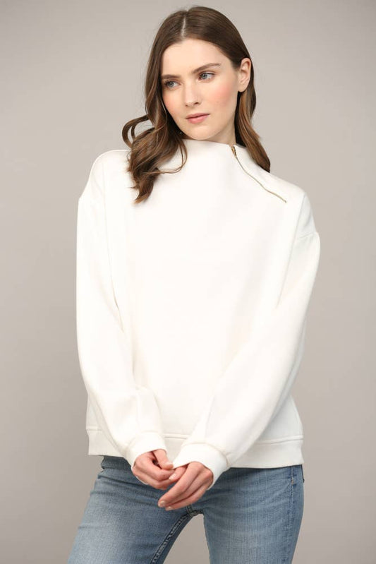 ZIPPER TRIMMED ROUND NECK SWEATSHIRT