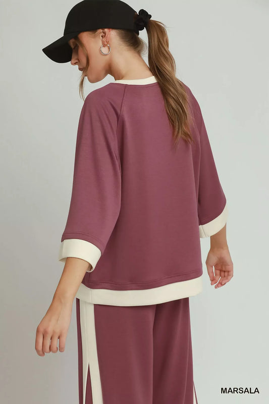 LUXEKNIT Colorblock Crewneck Raglan Sleeve Top (Coco Brown or Marsala)