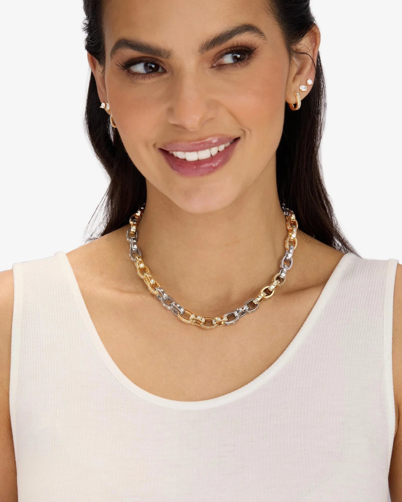 Melinda Maria Ashley Chain Link Necklace 9mm Mixed Metal|White Diamondettes