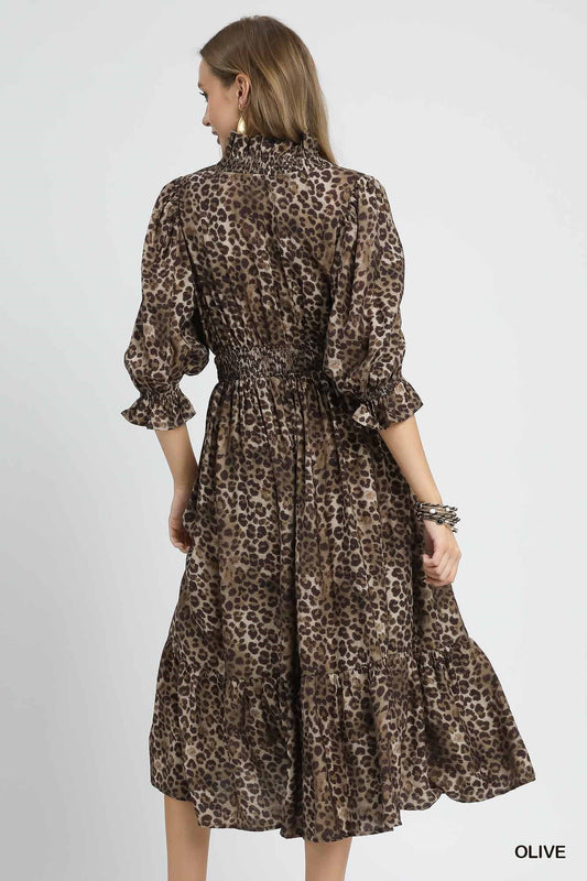 Leopard Print Smocked Midi Dress with Ruffle Cuffs
