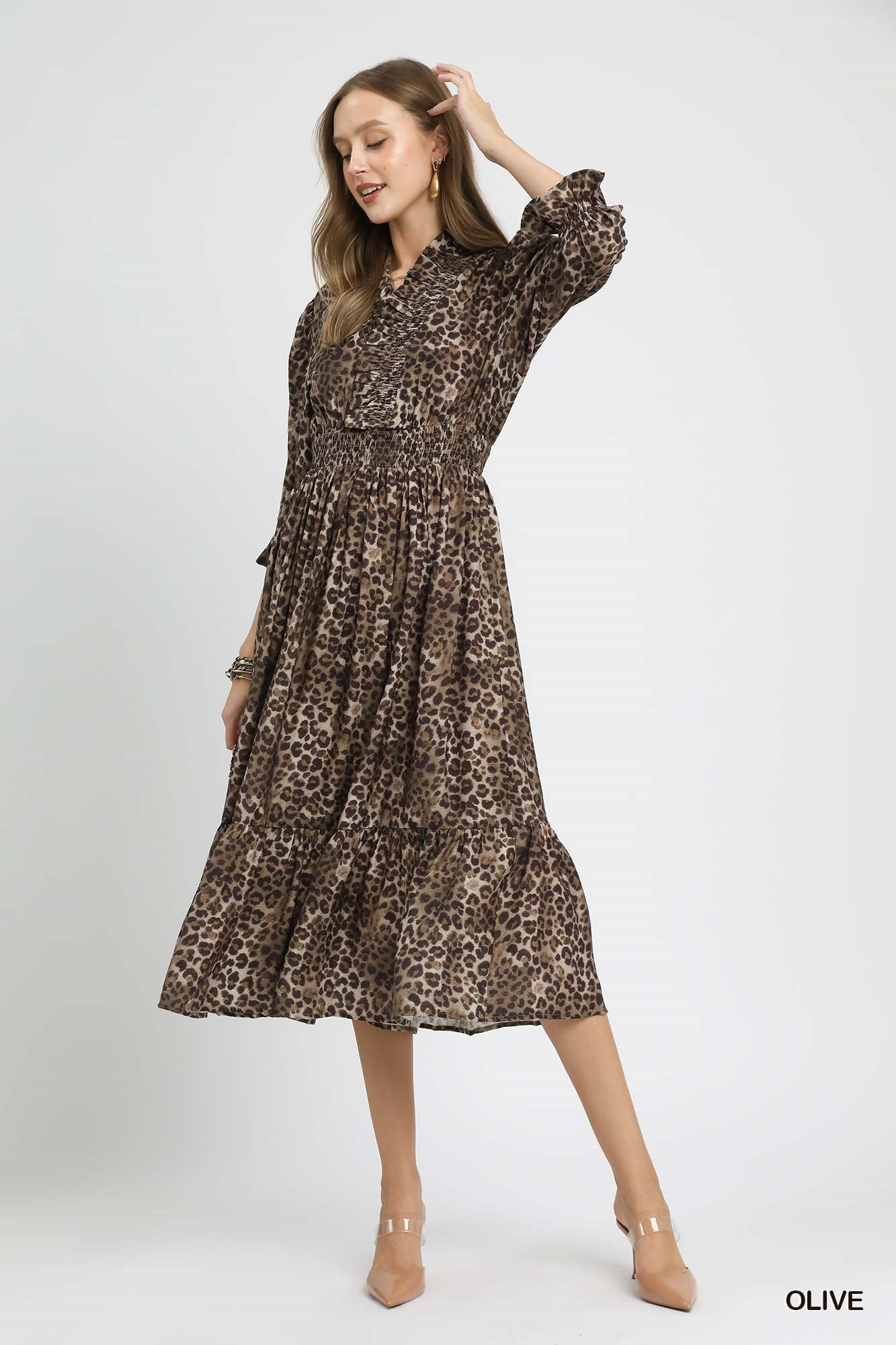 Leopard Print Smocked Midi Dress with Ruffle Cuffs