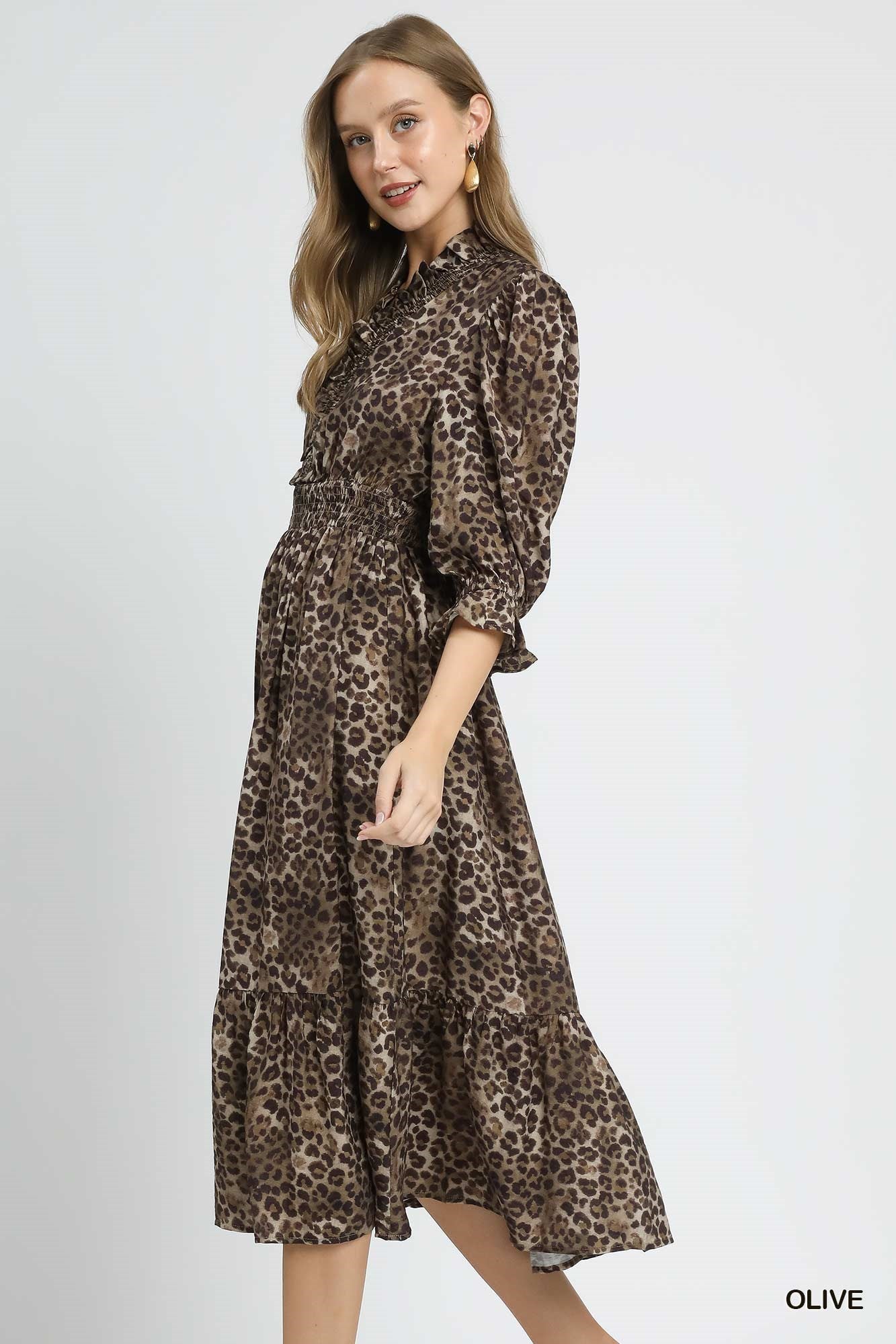 Leopard Print Smocked Midi Dress with Ruffle Cuffs