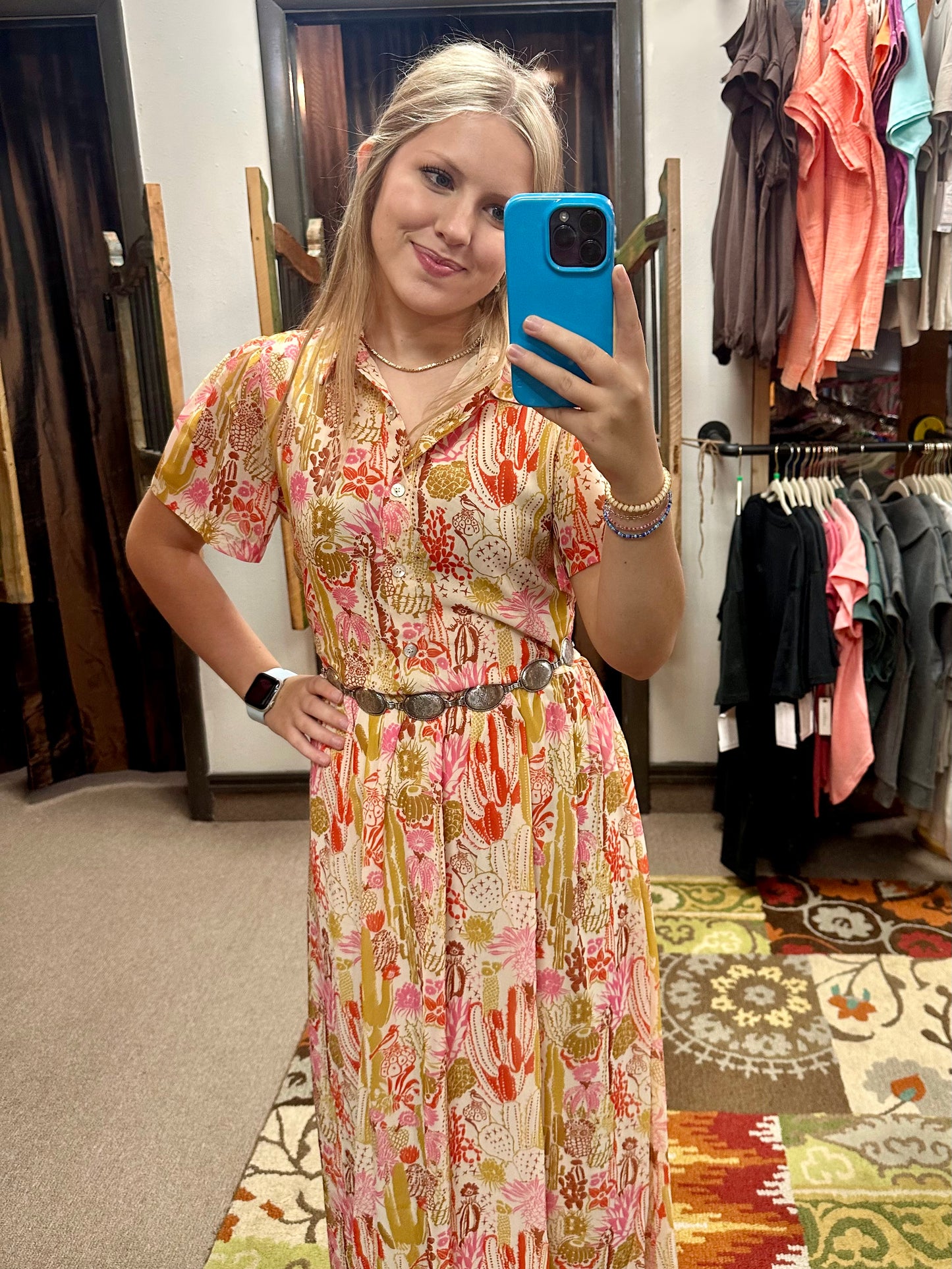 Western-Inspired Maxi Dress with Cactus Print