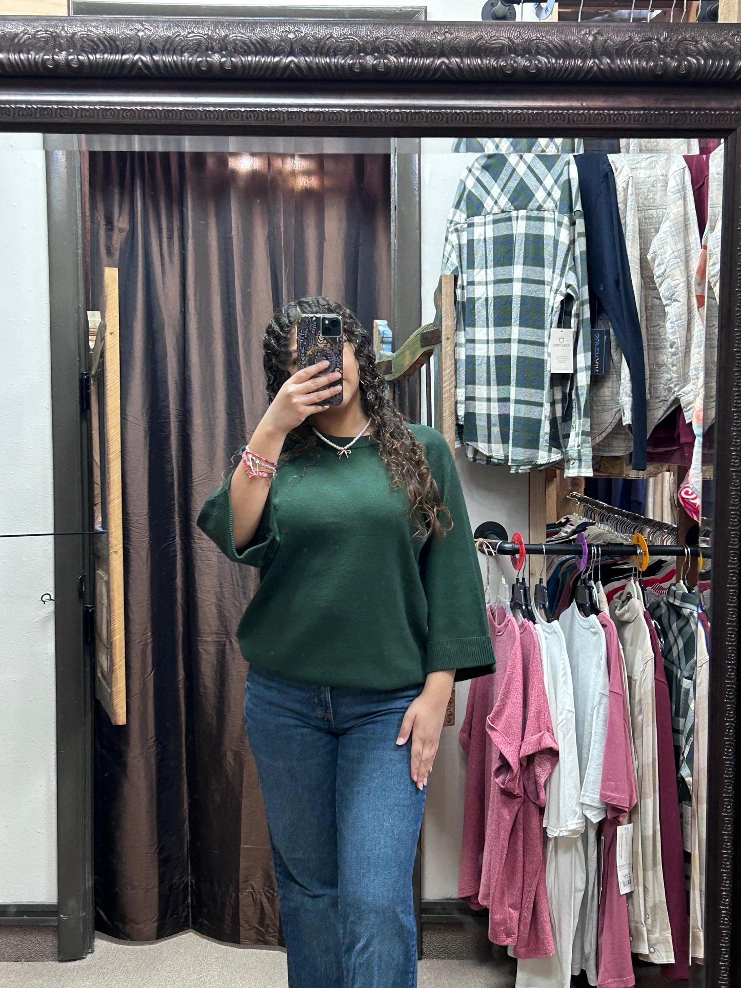 Crewneck Pullover Sweater Knit Top (Beige or Hunter Green)