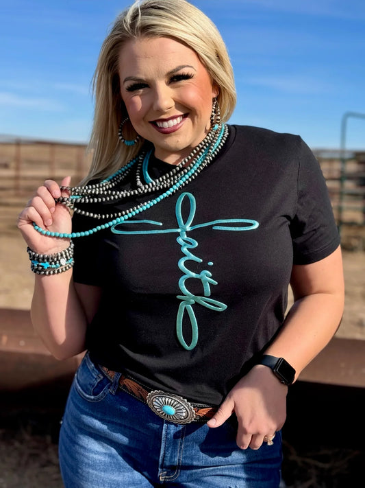 Faith In Teal Metallic Puff Tee