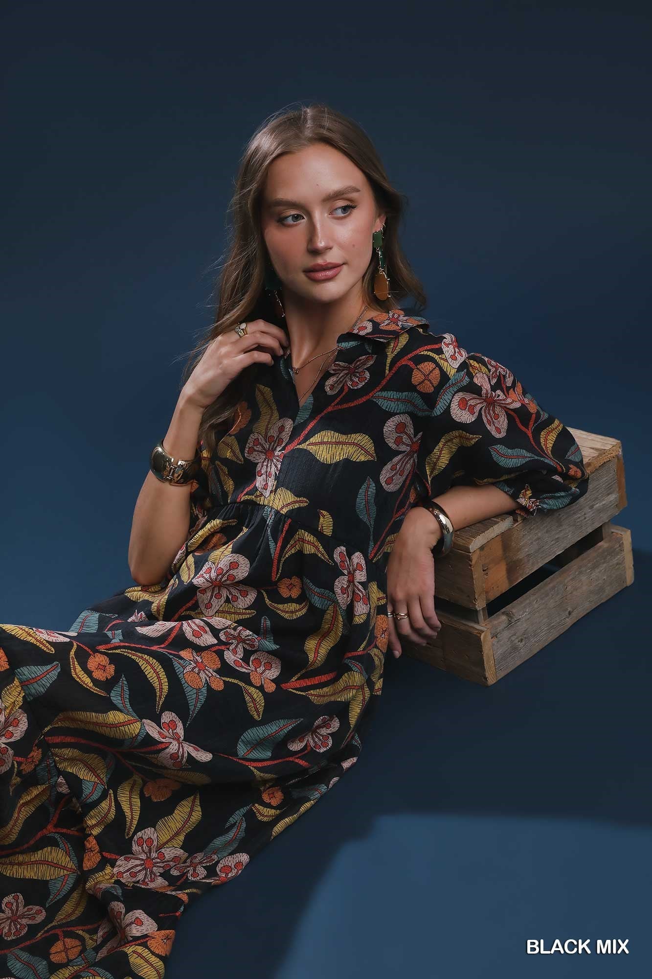Mixed Floral Print Tiered Midi Dress