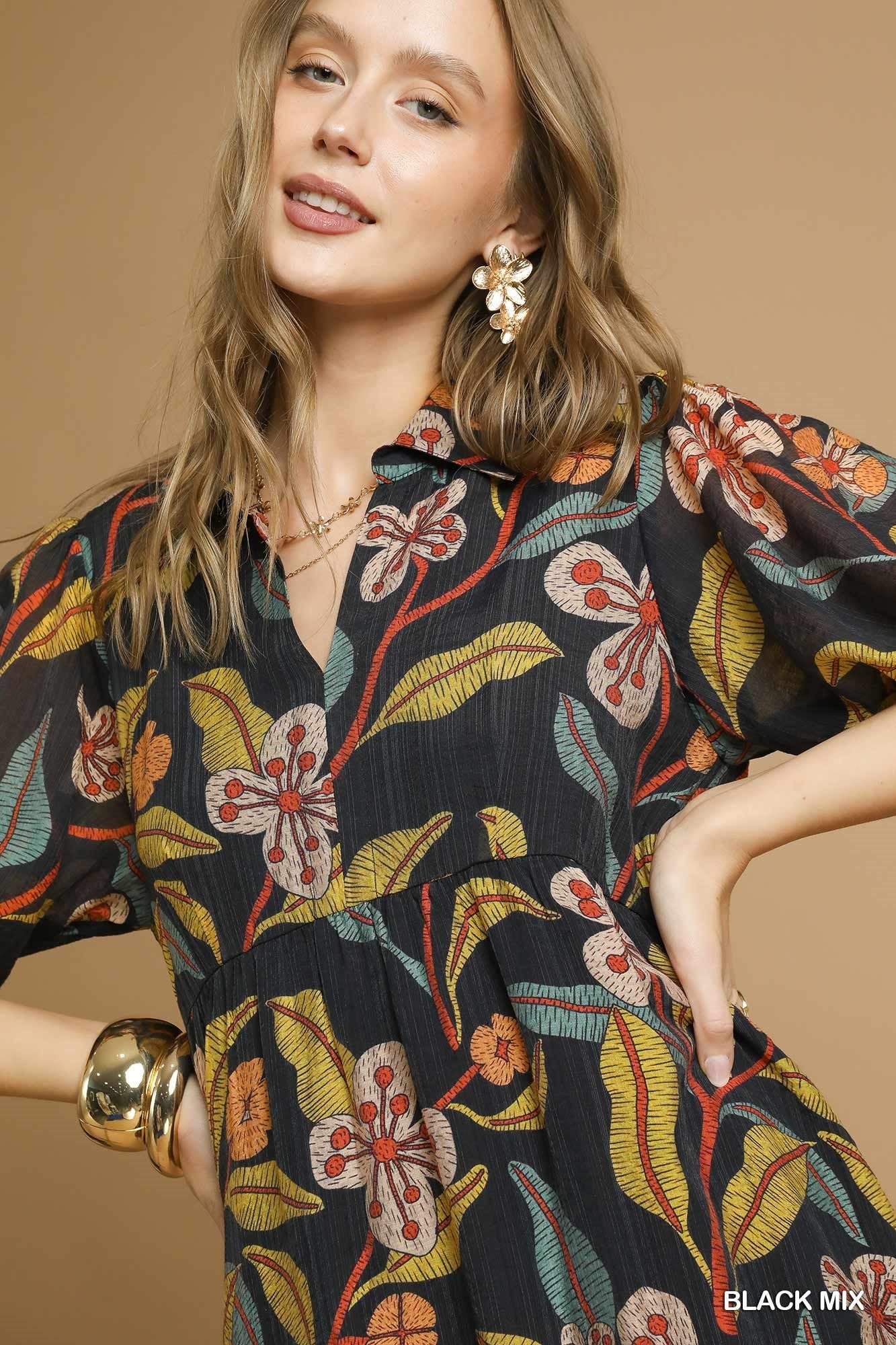 Mixed Floral Print Tiered Midi Dress