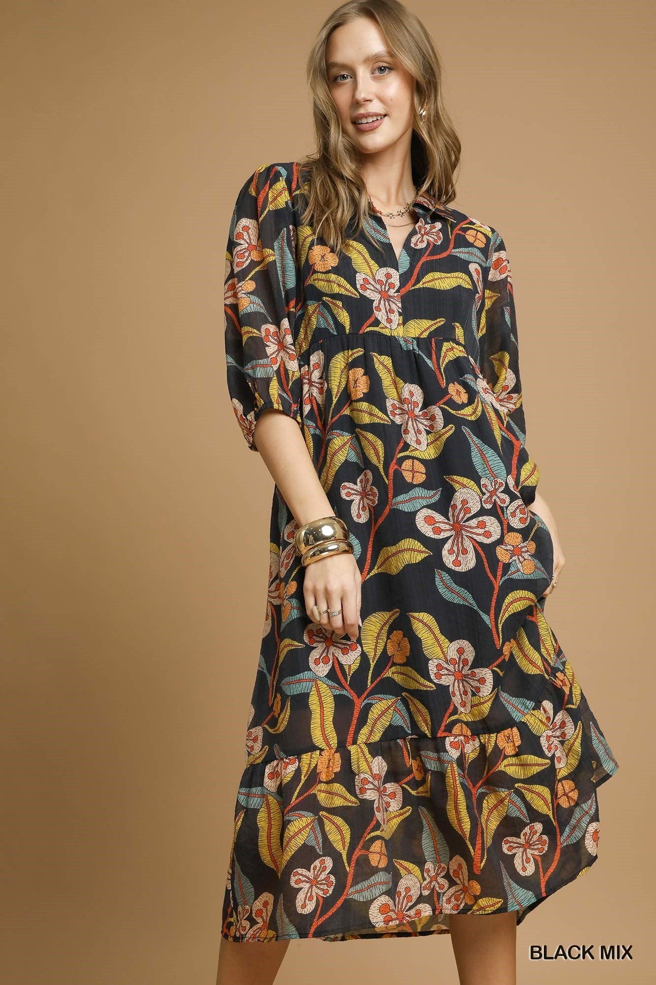 Mixed Floral Print Tiered Midi Dress