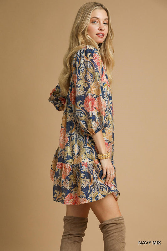Abstract Print Puff Sleeve Dress