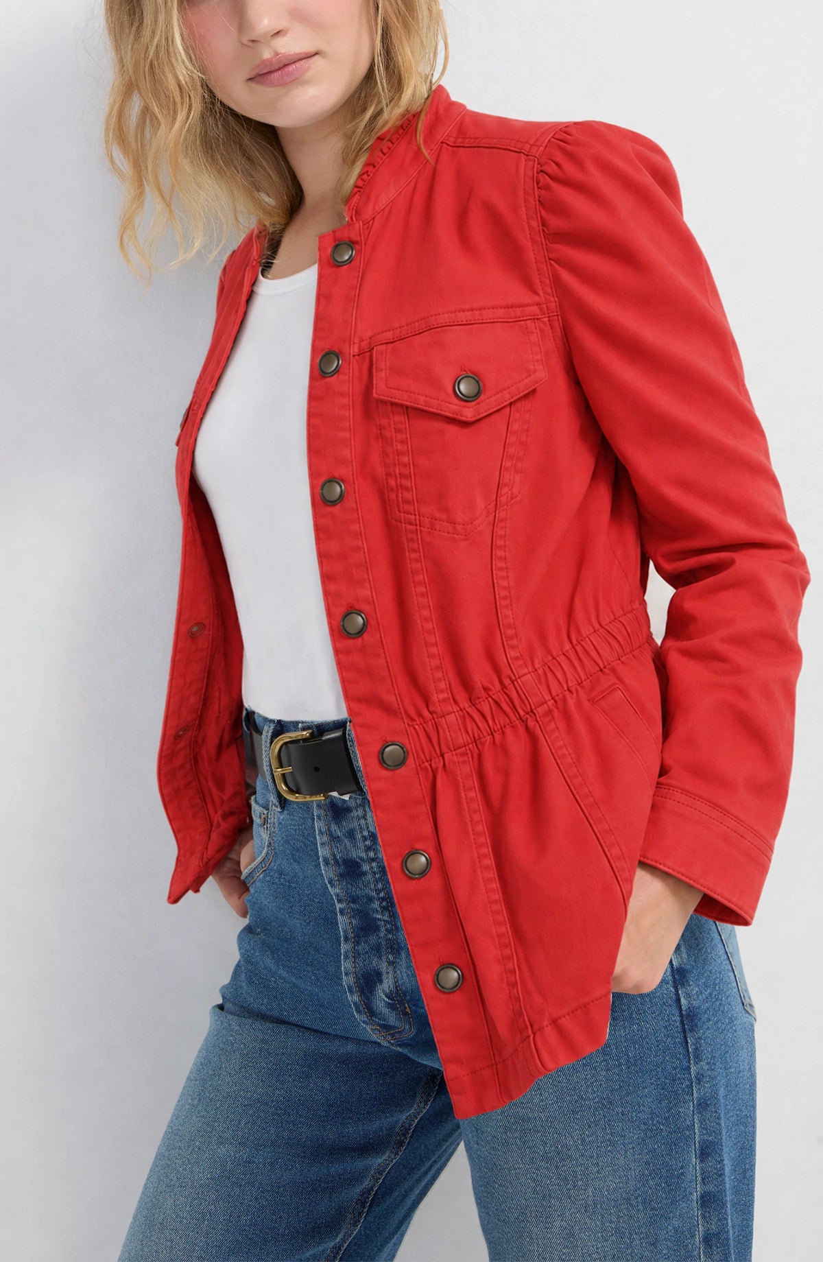 Liverpool Puff Sleeve Trucker Jacket W/ Ruffle Collar - Sundance red