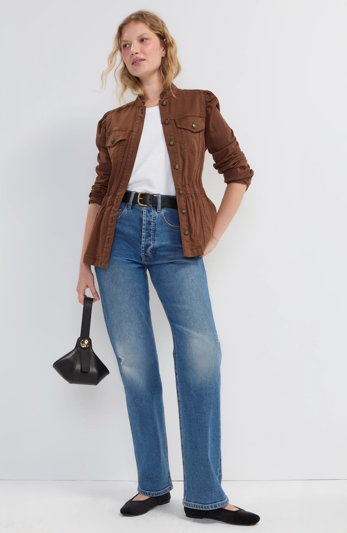 Liverpool Puff Sleeve Trucker Jacket W/ Ruffle Collar - Carob brown