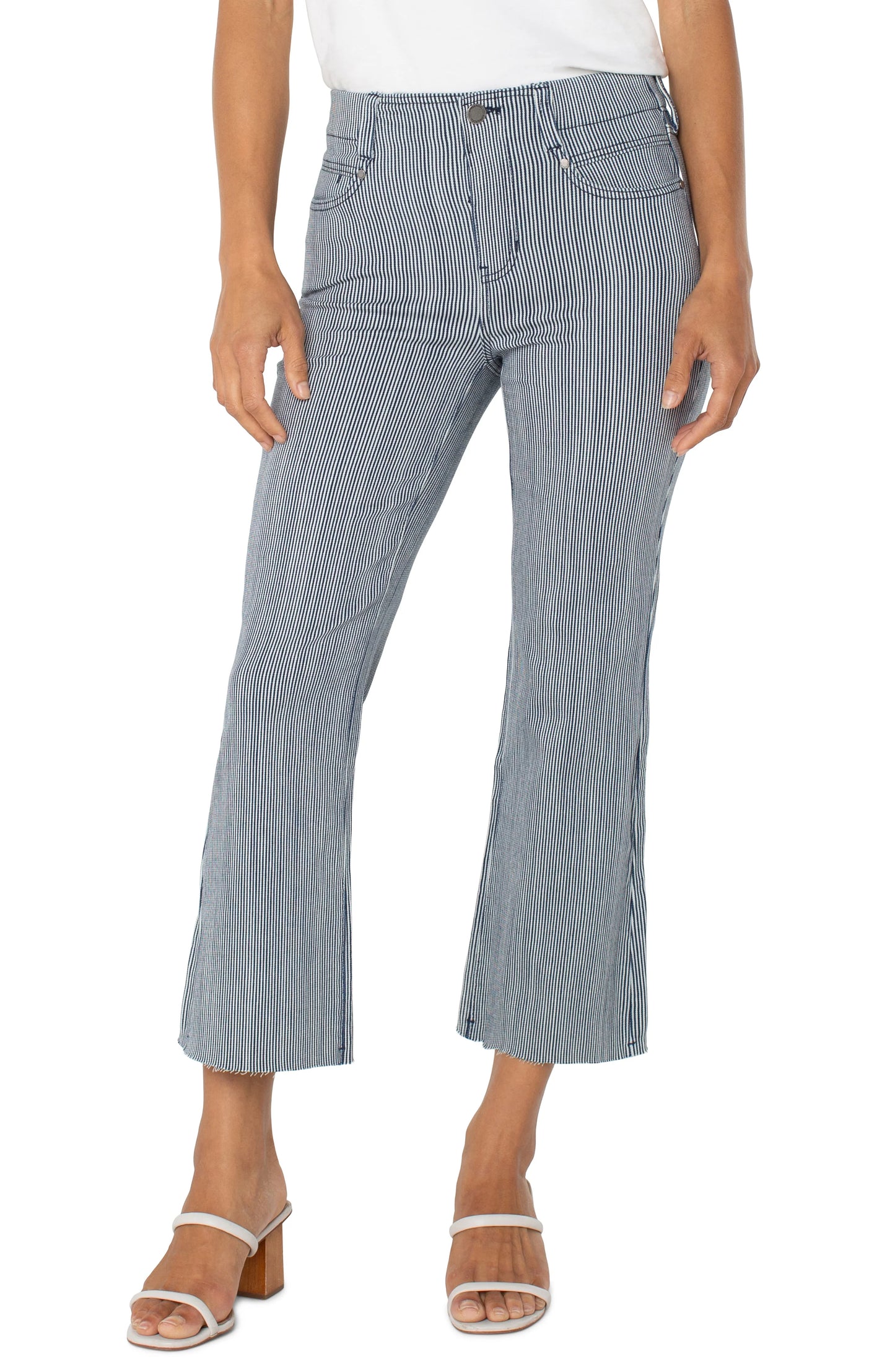 Liverpool Navy White Striped The Gia Glider® Crop Flare With Back Pleat