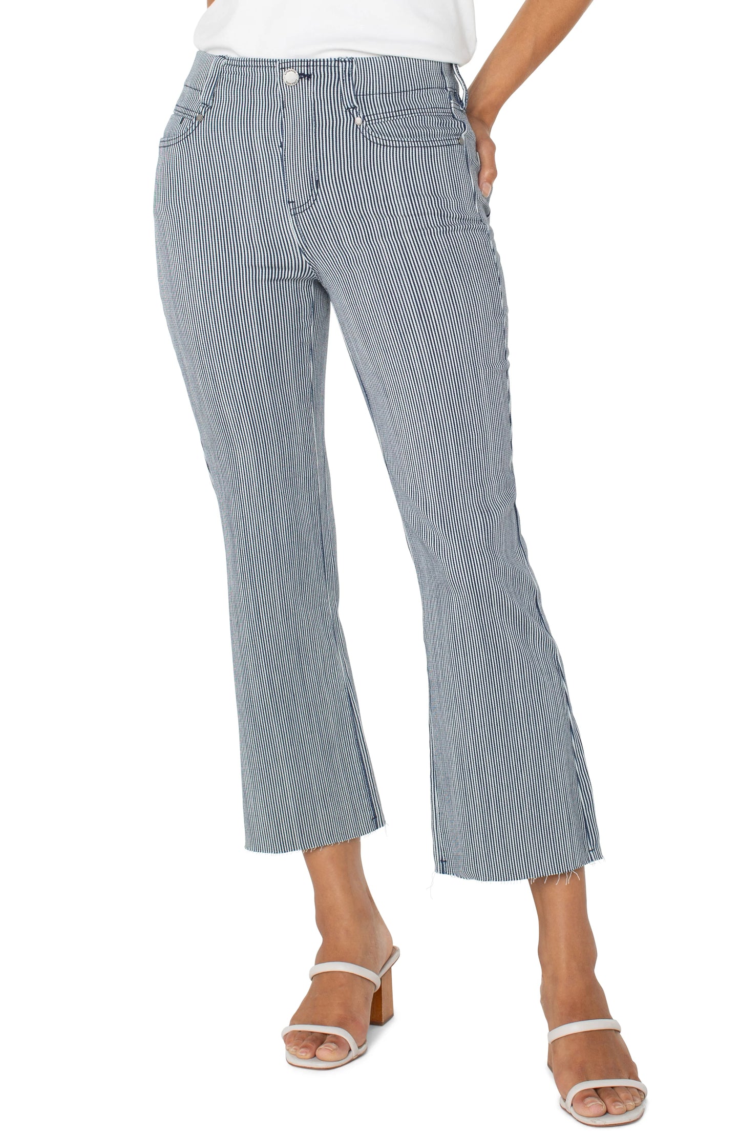 Liverpool Navy White Striped The Gia Glider® Crop Flare With Back Pleat