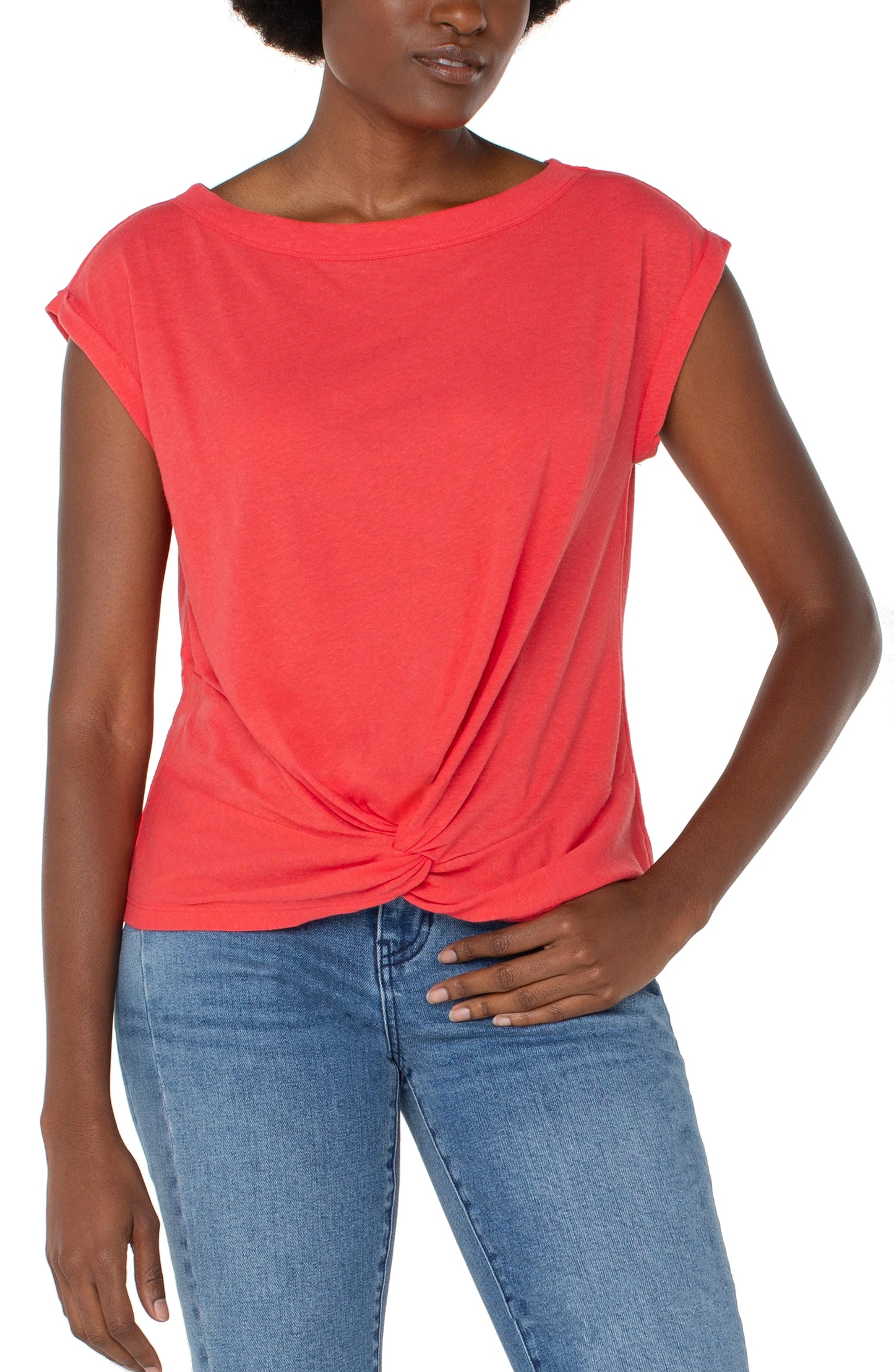 Liverpool Geranium Short Sleeve Boat Neck Knit Top