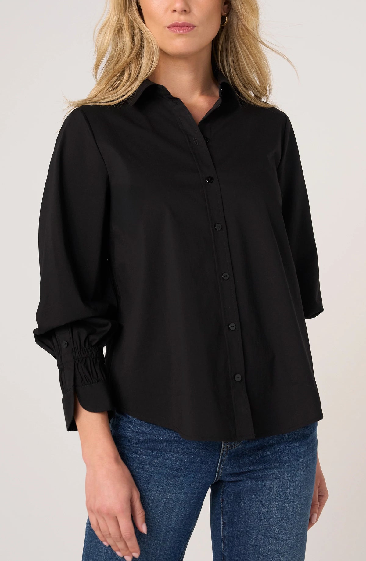 Liverpool Adjustable Sleeve Button Front Woven Top - Black