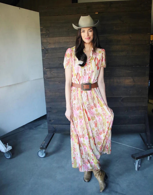 Western-Inspired Maxi Dress with Cactus Print
