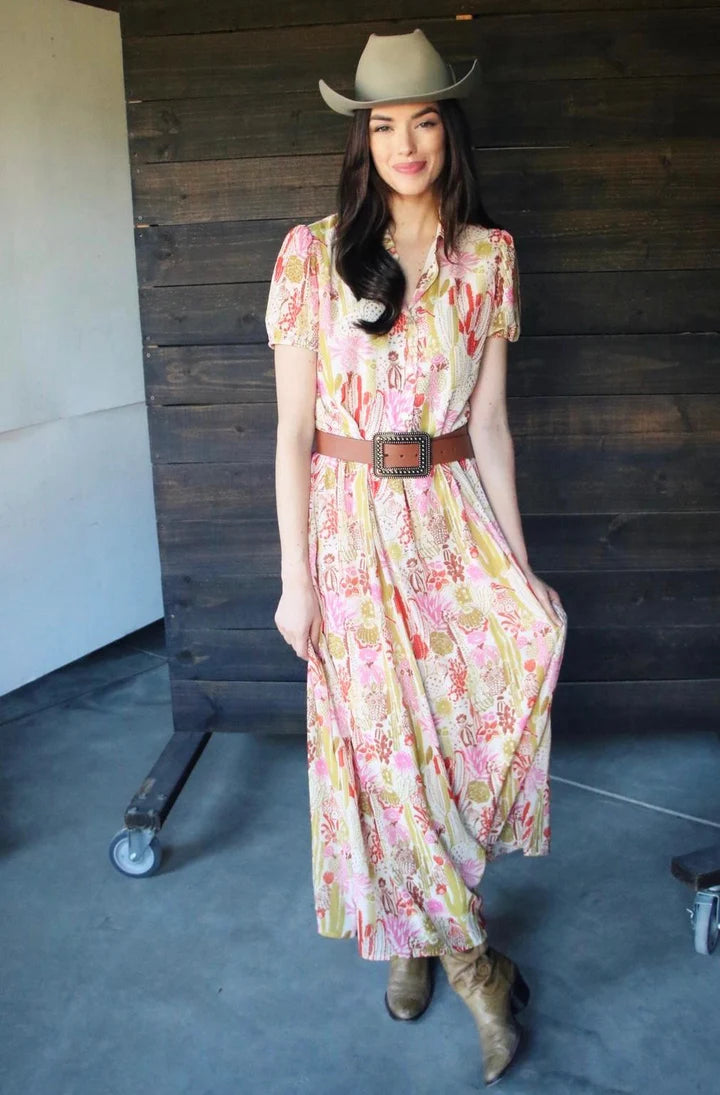 Western-Inspired Maxi Dress with Cactus Print