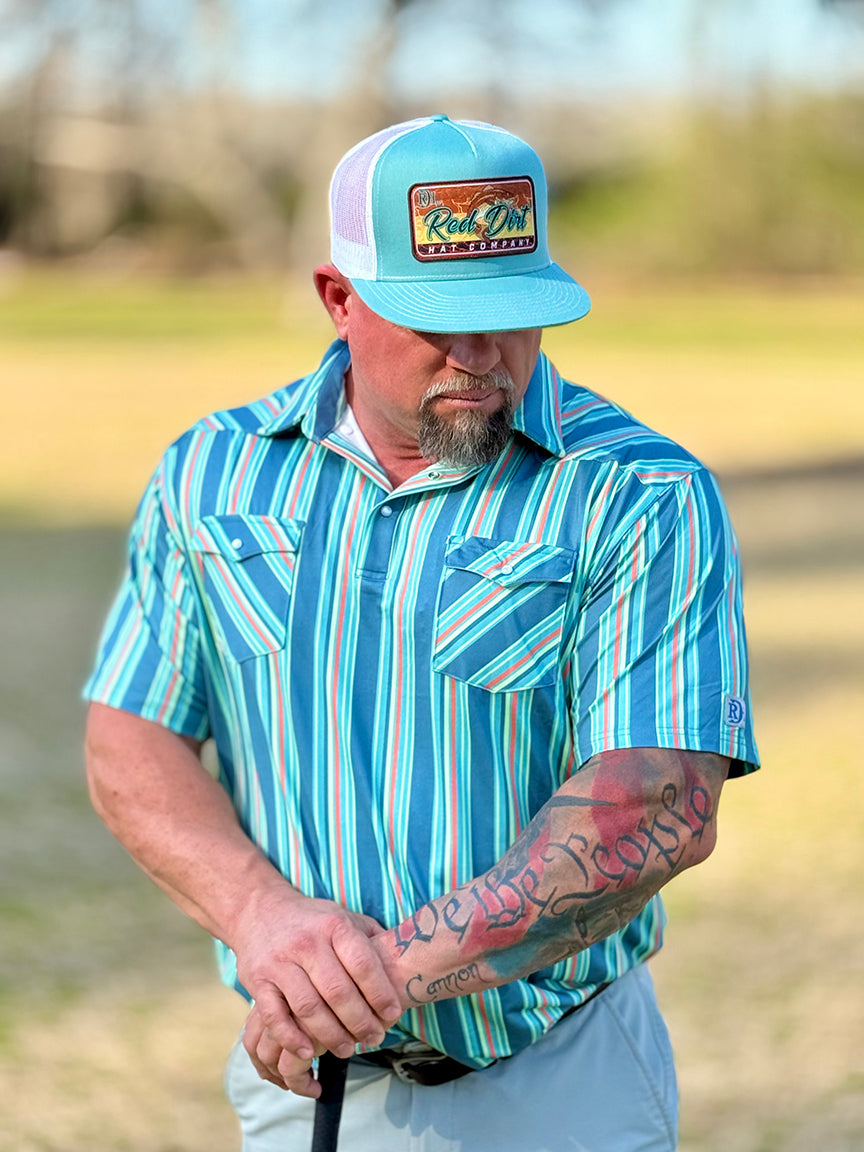 Red Dirt Hat Co. Teal & Coral Striped Polo
