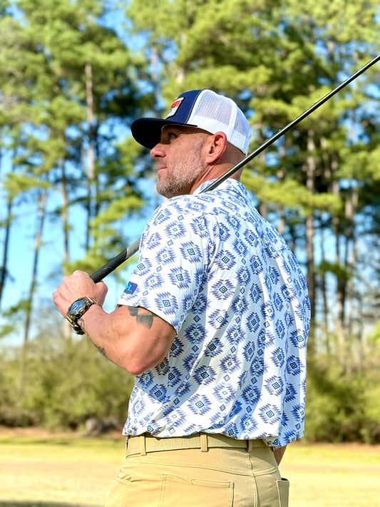 Red Dirt Hat Co. Blue & White Aztec Polo