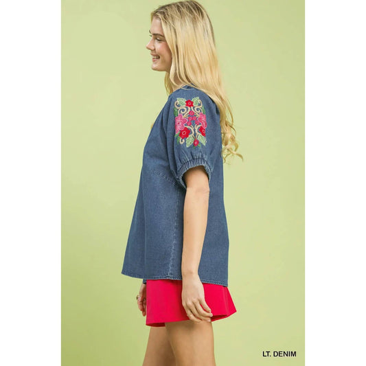 Denim Embroidered Puff Sleeve Boho Top