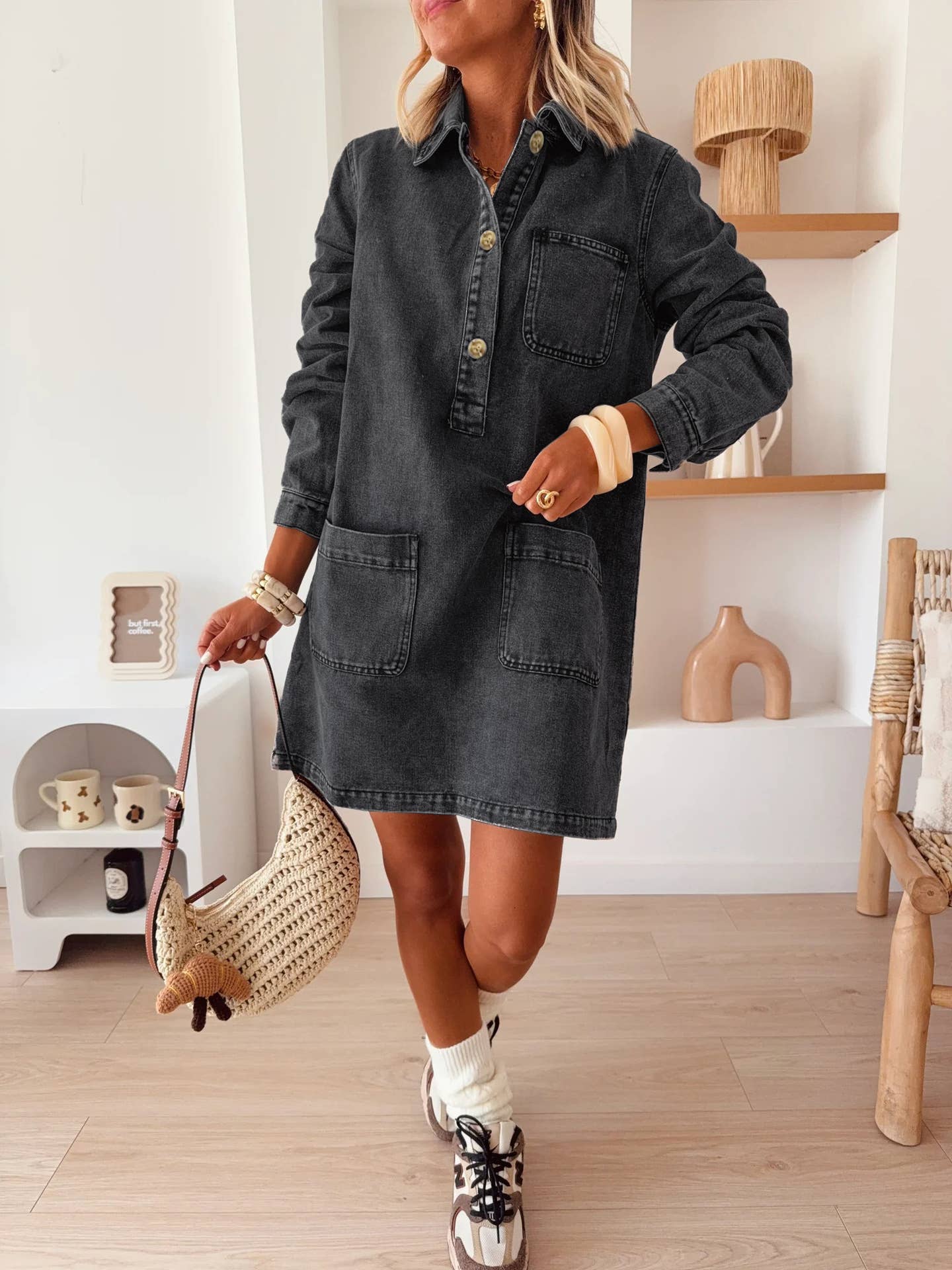 Vintage Pop-Over Black Denim Dress