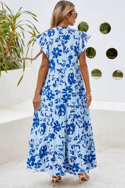Floral Print Tiered Frilled Trim Flutter Sleeve Dresso