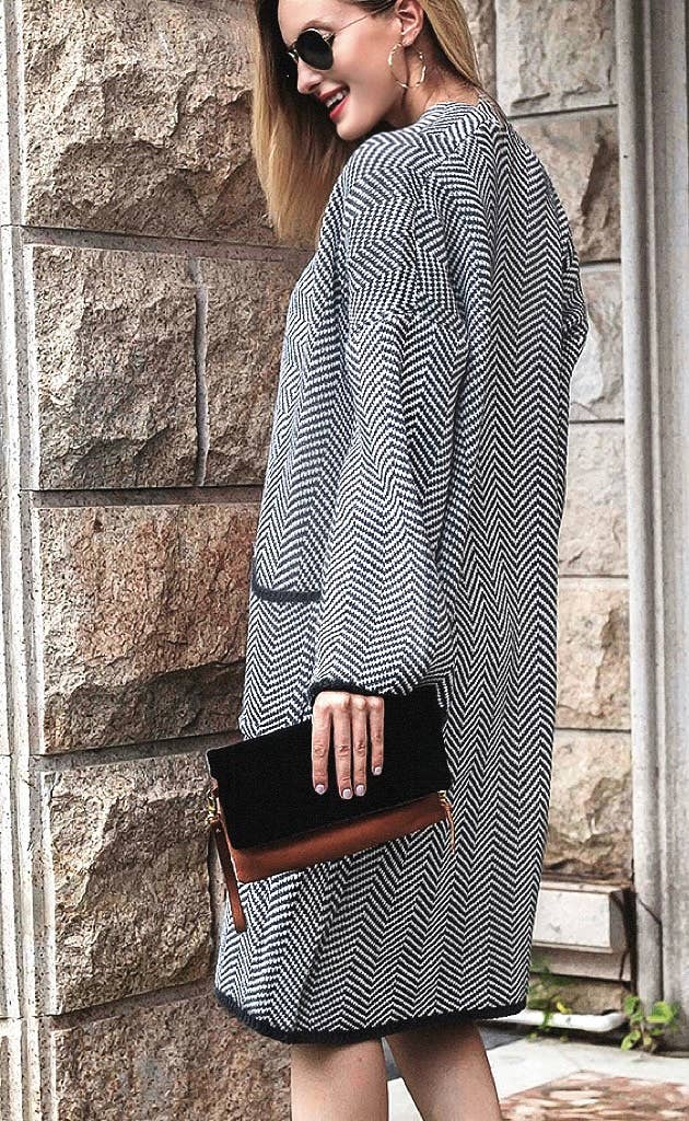 Black Frenchy Herringbone Pattern with Pockets Cardigan