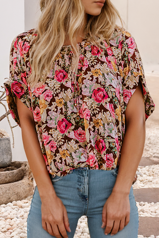Floral Print Tie-Neck Short Sleeve Shift Blouse
