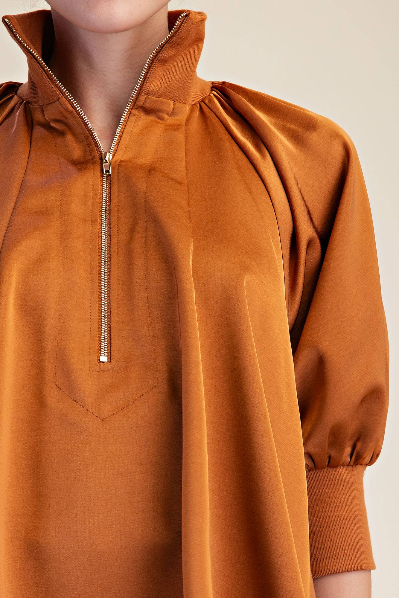 Mock Neck Band Half Zip Puff Elbow Sleeve Blouse