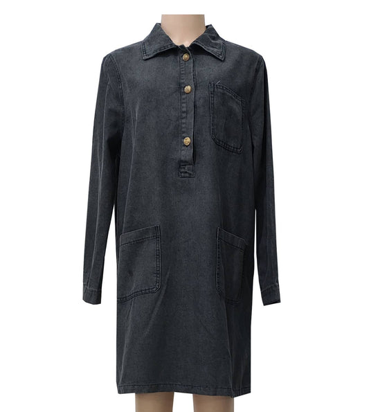 Vintage Pop-Over Black Denim Dress