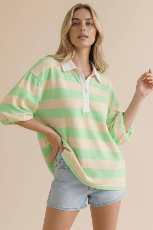 Stripe Button Down Bubble Sleeve Knit Top