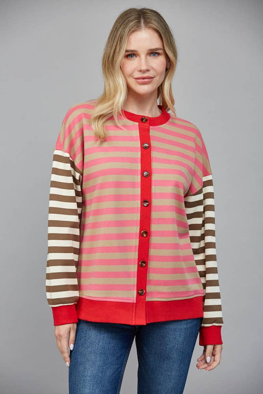 STRIPE COLOR DETAIL FRONT BUTTON CLOSURE CARDIGAN