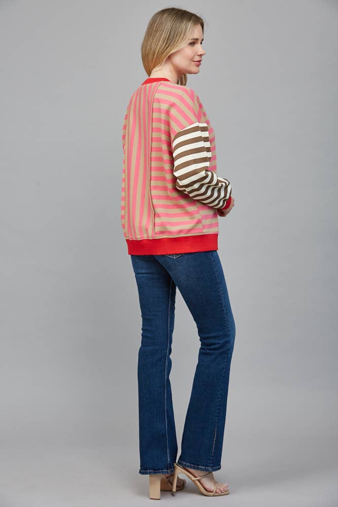 STRIPE COLOR DETAIL FRONT BUTTON CLOSURE CARDIGAN