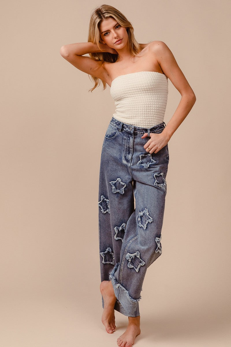 Denim Washed Star Patched Pants