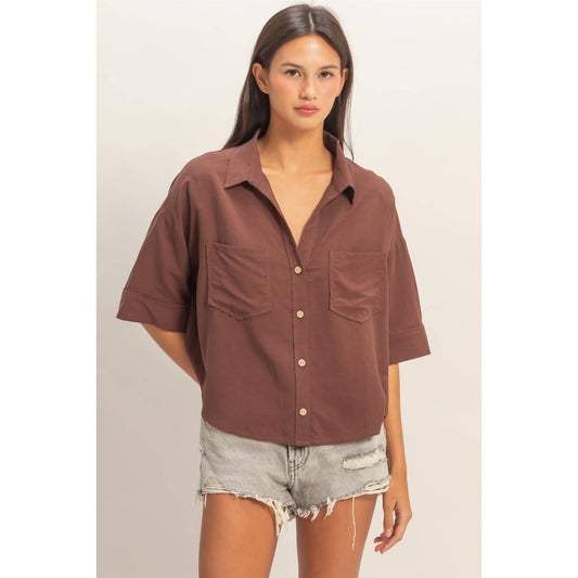 Chocolate Button-Up Collared Short Sleeve Shirt