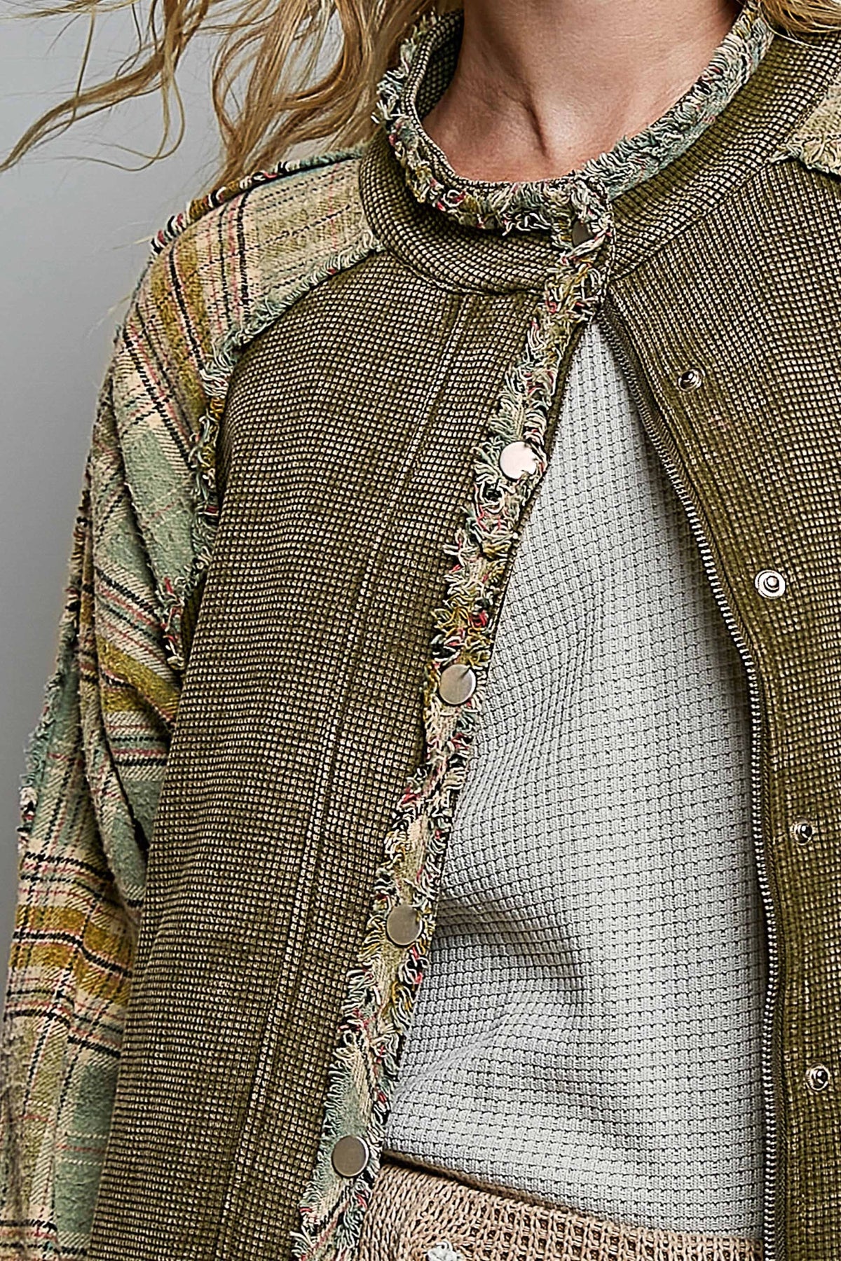 Plaid Patch Vintage Washing Rib Band Wrist Jacket
