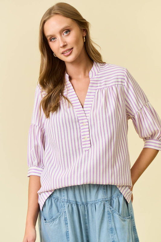 LAVENDER STRIPED PUFF SLEEVE PULLOVER TOP