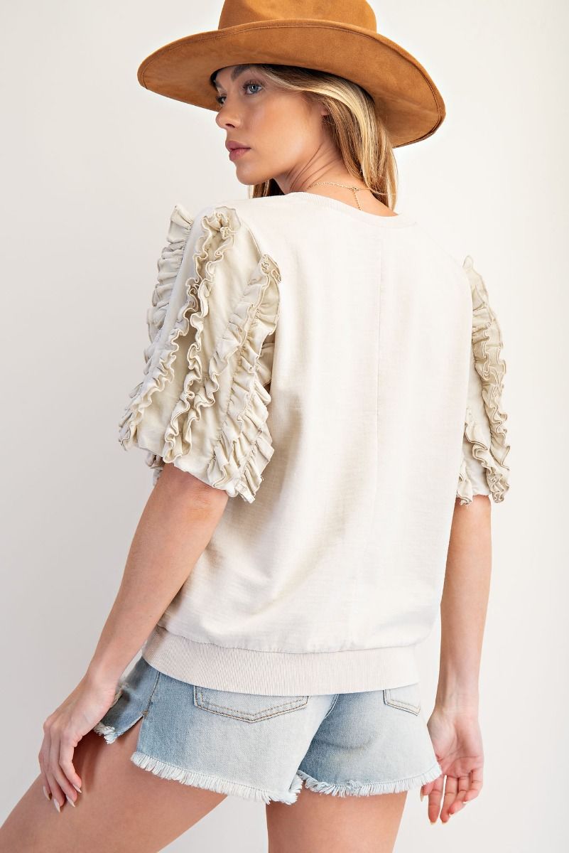 RUFFLED SLEEVES MINERAL WASHED TOP