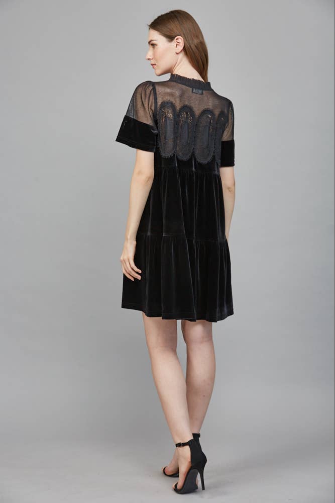 CONTRAST SHEER MESH Black INTRICATE LACE DETAIL VELVET