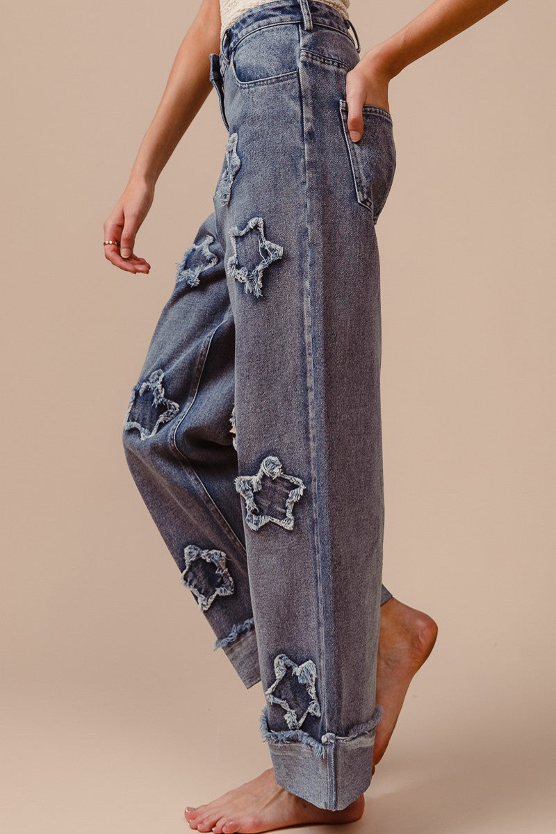 Denim Washed Star Patched Pants