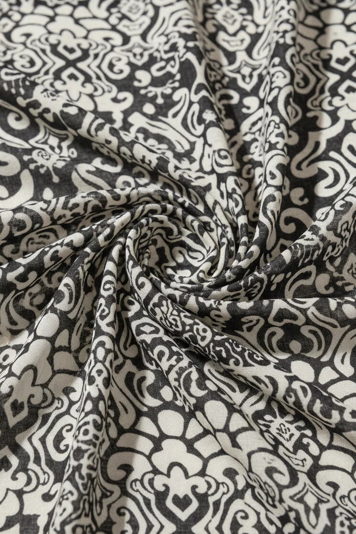 TRIBAL PRINTED SOFT CHALLIS V-NECK EMPIRE WAIST MAXI DRESS
