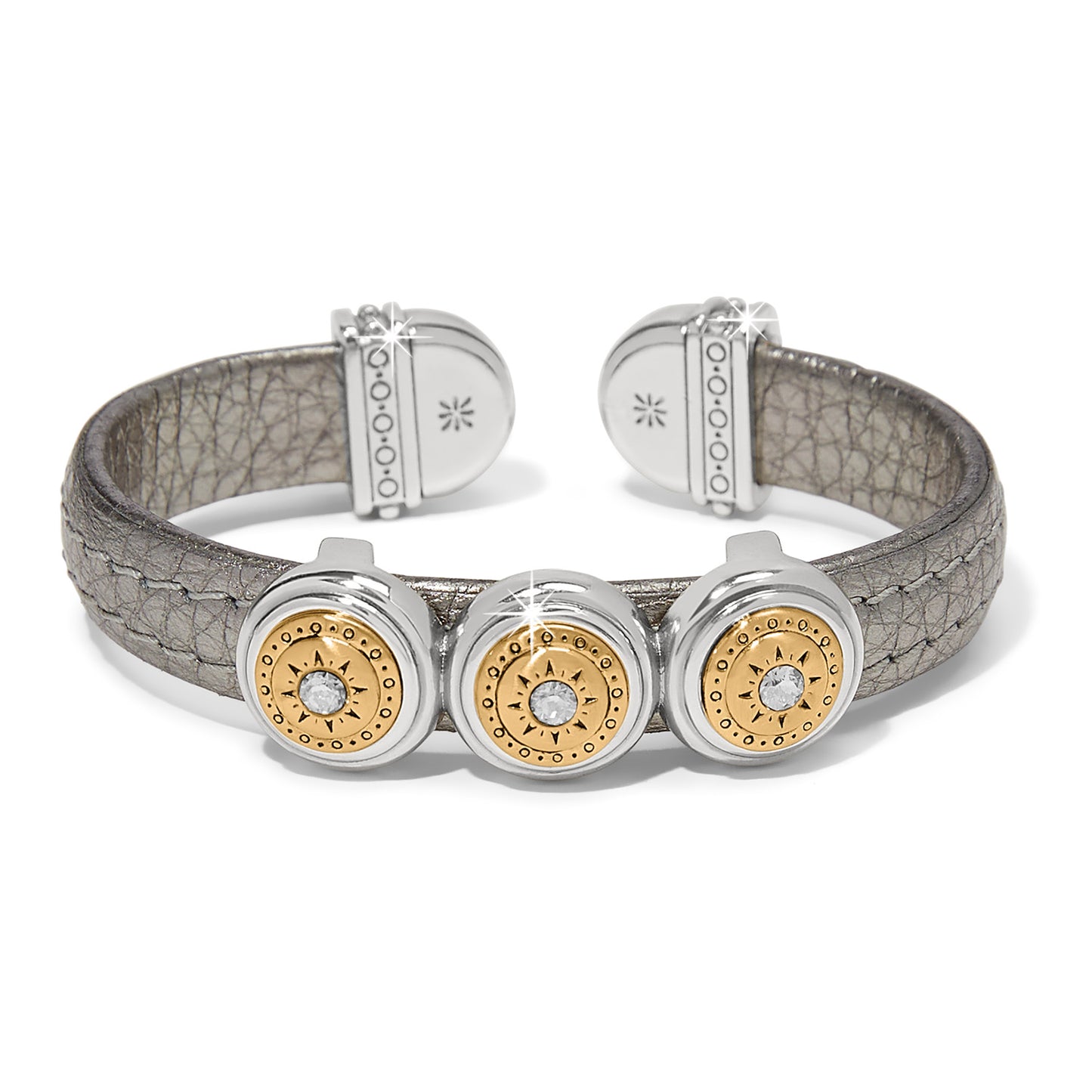 Mosaic Two Tone Leather Disc Cuff Bracelet in Titanium