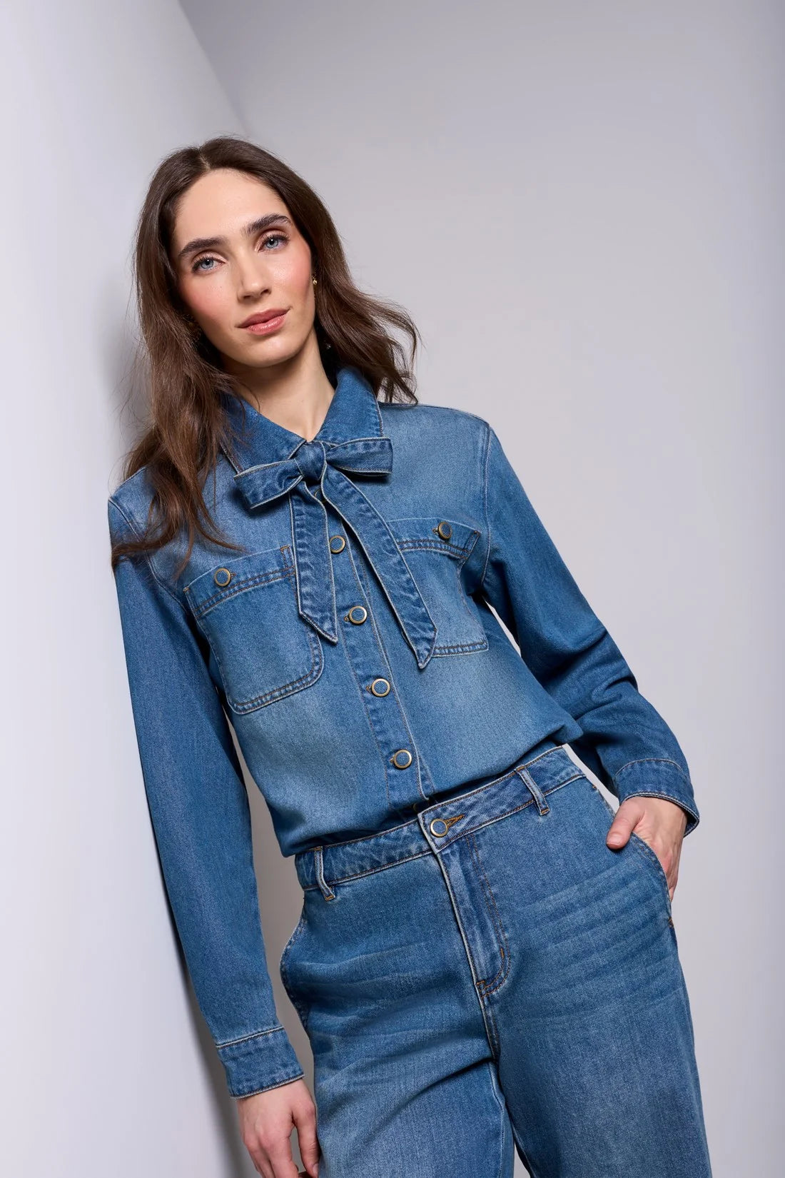 TRIBAL BLUE THREAD SELF-TIE BOW BUTTON FRONT DENIM BLOUSE