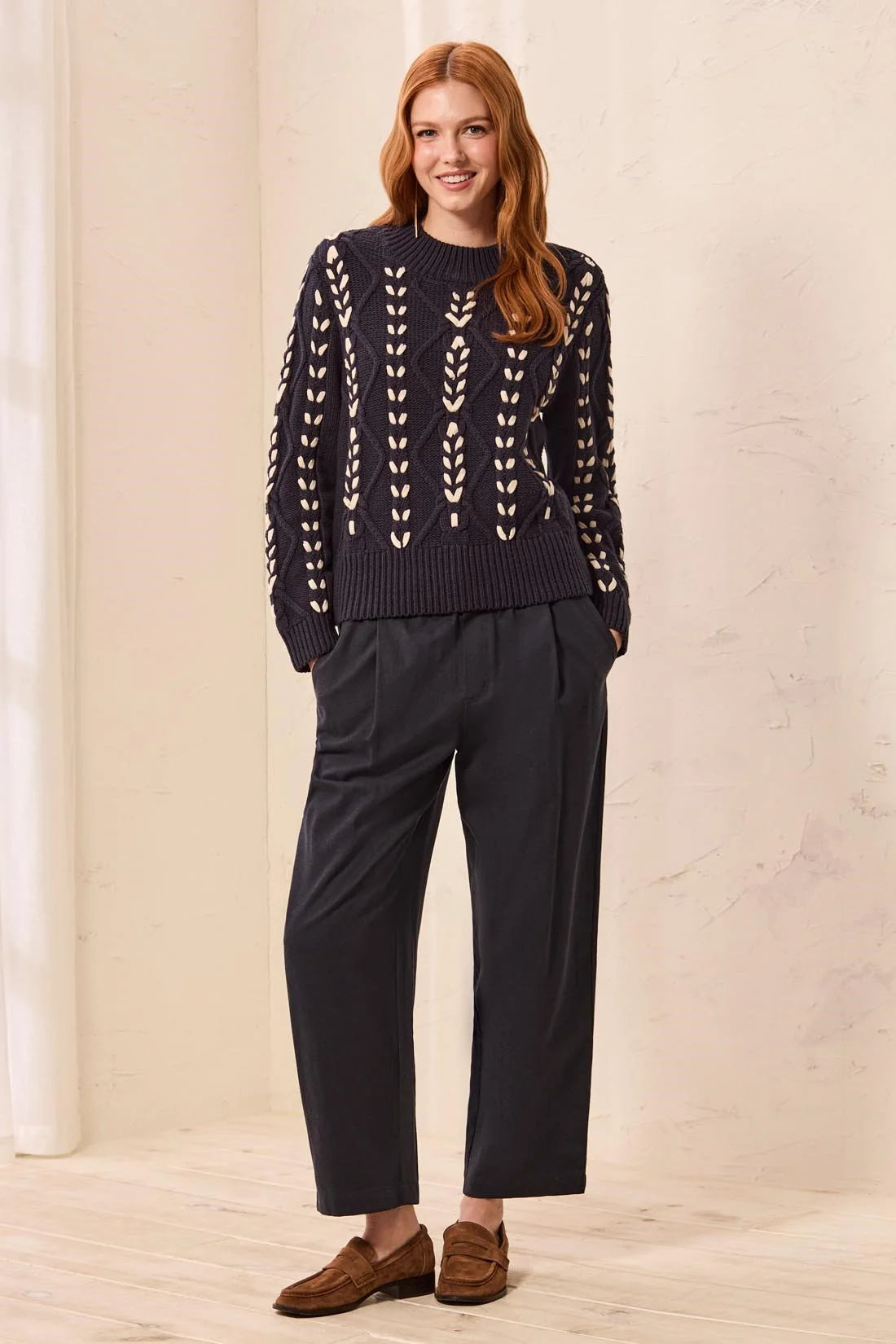 TRIBAL CONTRAST LACE-UP CABLE KNIT CREW NECK SWEATER