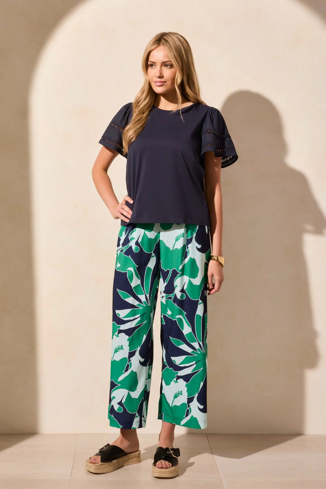 COTTON JERSEY FLUTTER SLEEVE CREW NECK TOP
