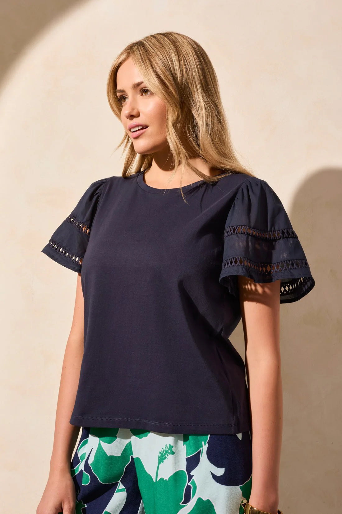 TRIBAL COTTON JERSEY FLUTTER SLEEVE CREW NECK TOP
