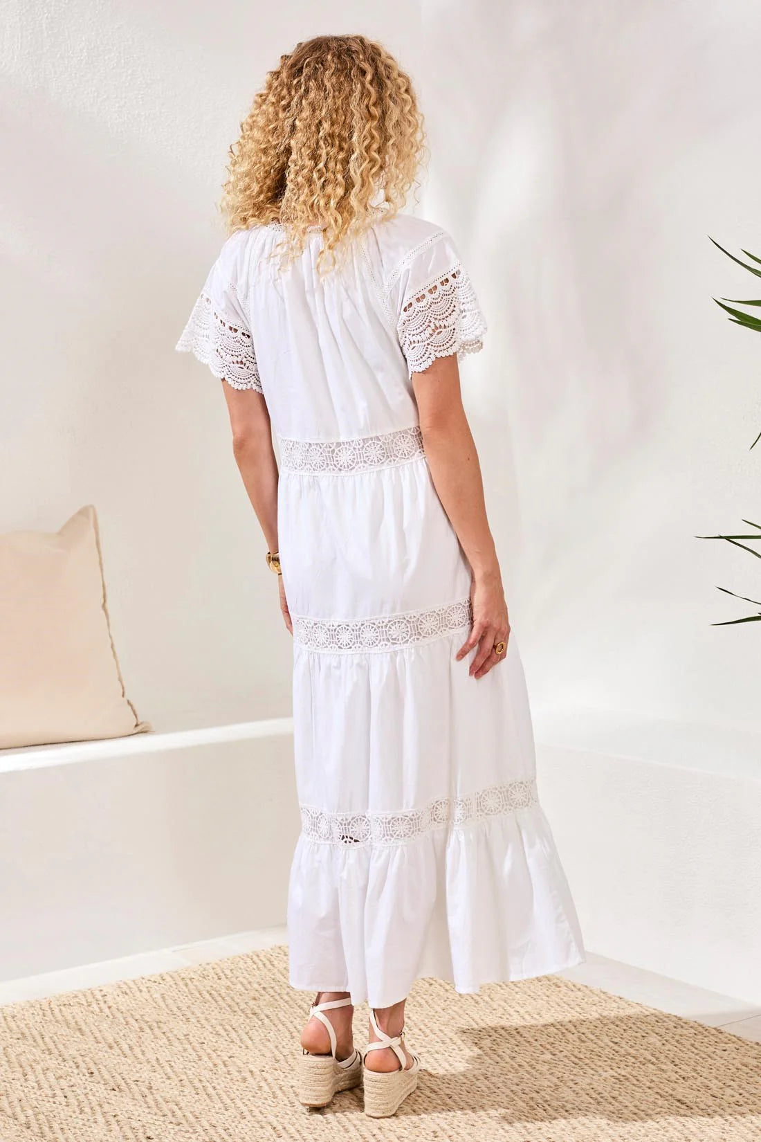 TRIBAL COTTON POPLIN LACE-TRIM TIERED V-NECK MAXI DRESS
