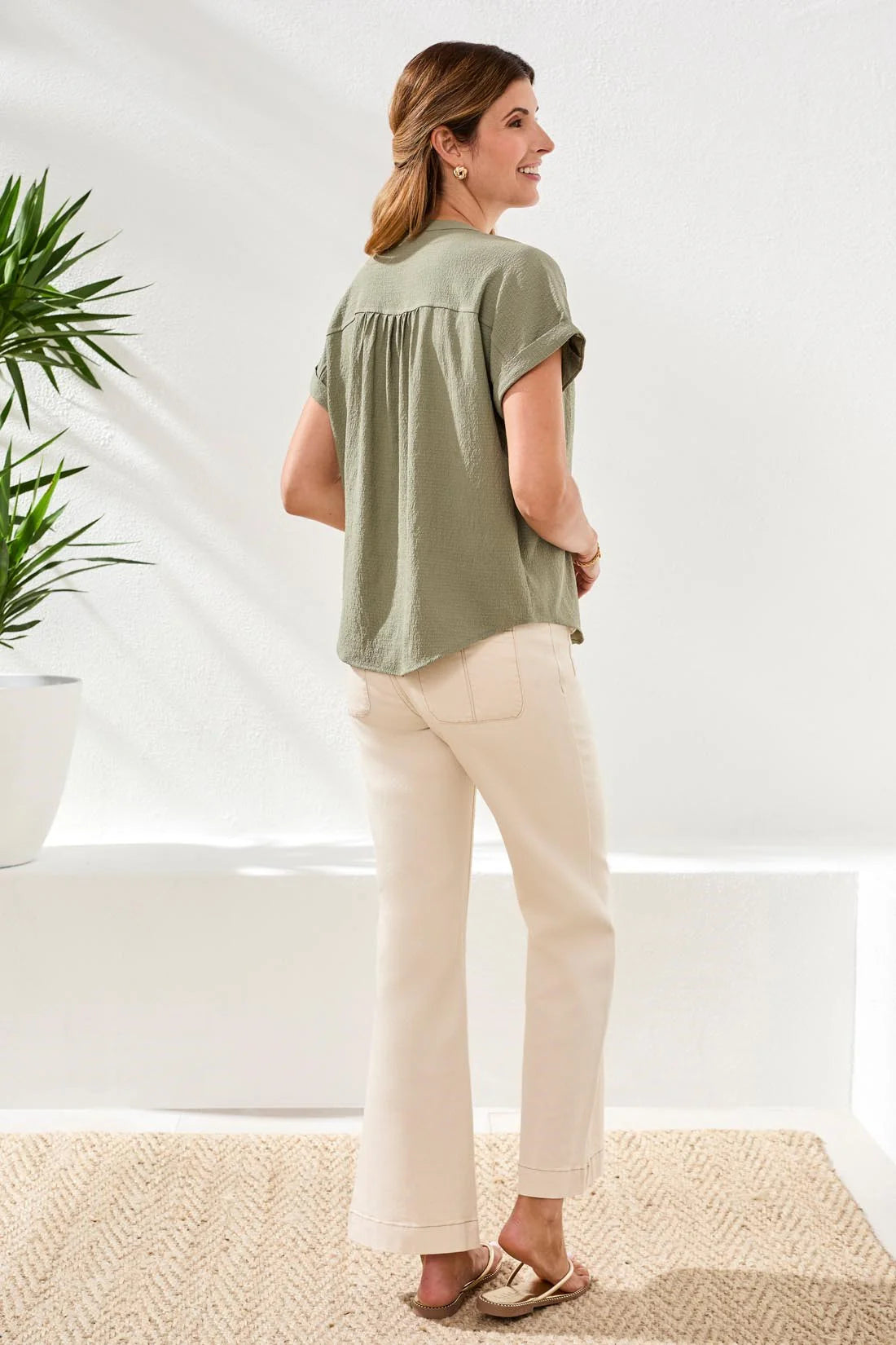 TRIBAL BUTTON-FRONT EXTENDED CAP SLEEVE BLOUSE