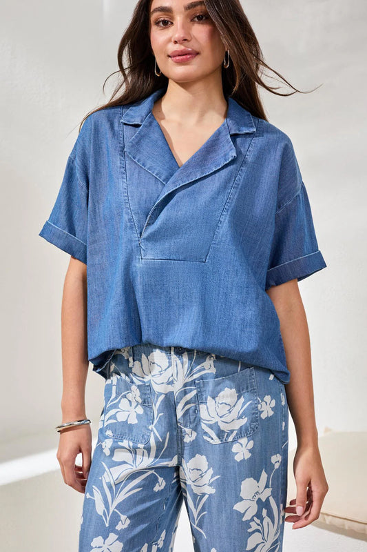 TRIBAL FLOWY POPOVER DENIM SHIRT WITH SHORT SLEEVES
